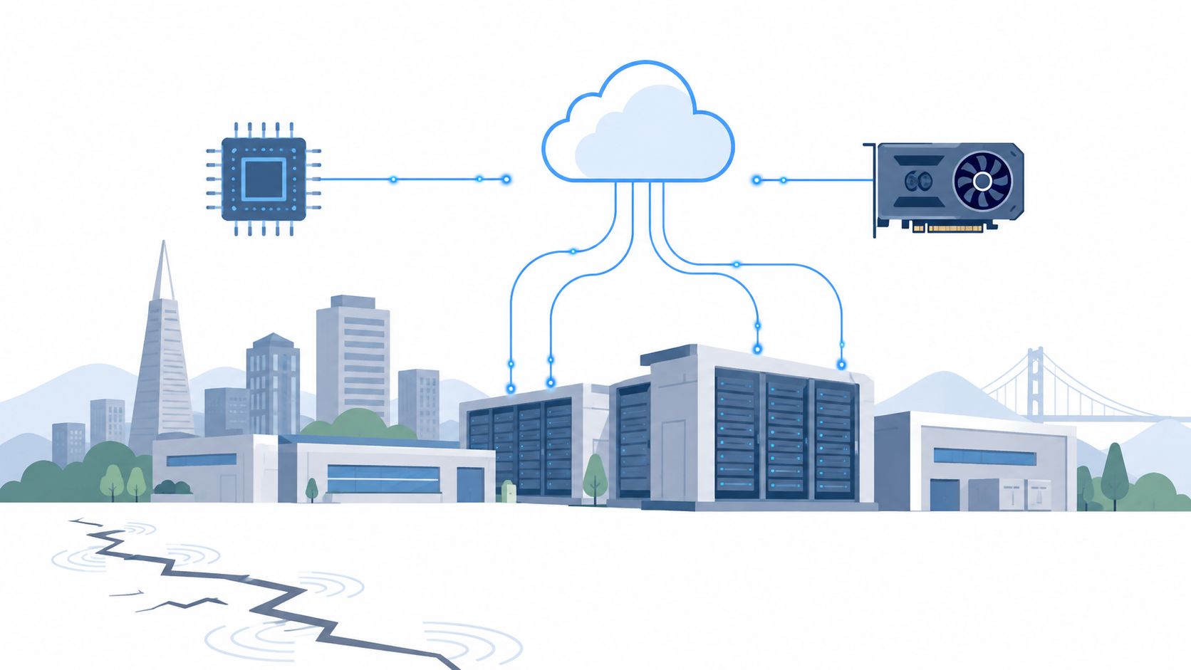 An illustrated data center facility connected to cloud technology, featuring CPU and GPU icons above city buildings.