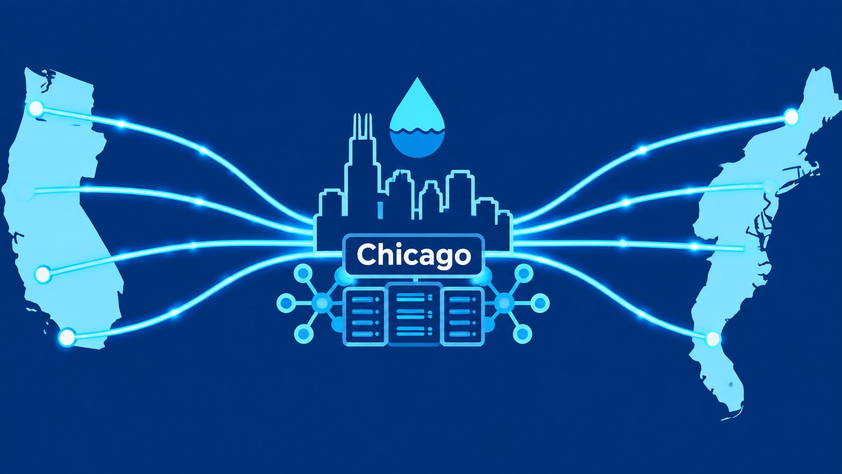 A digital illustration showing Chicago as a central data center hub connected to US coastal regions.