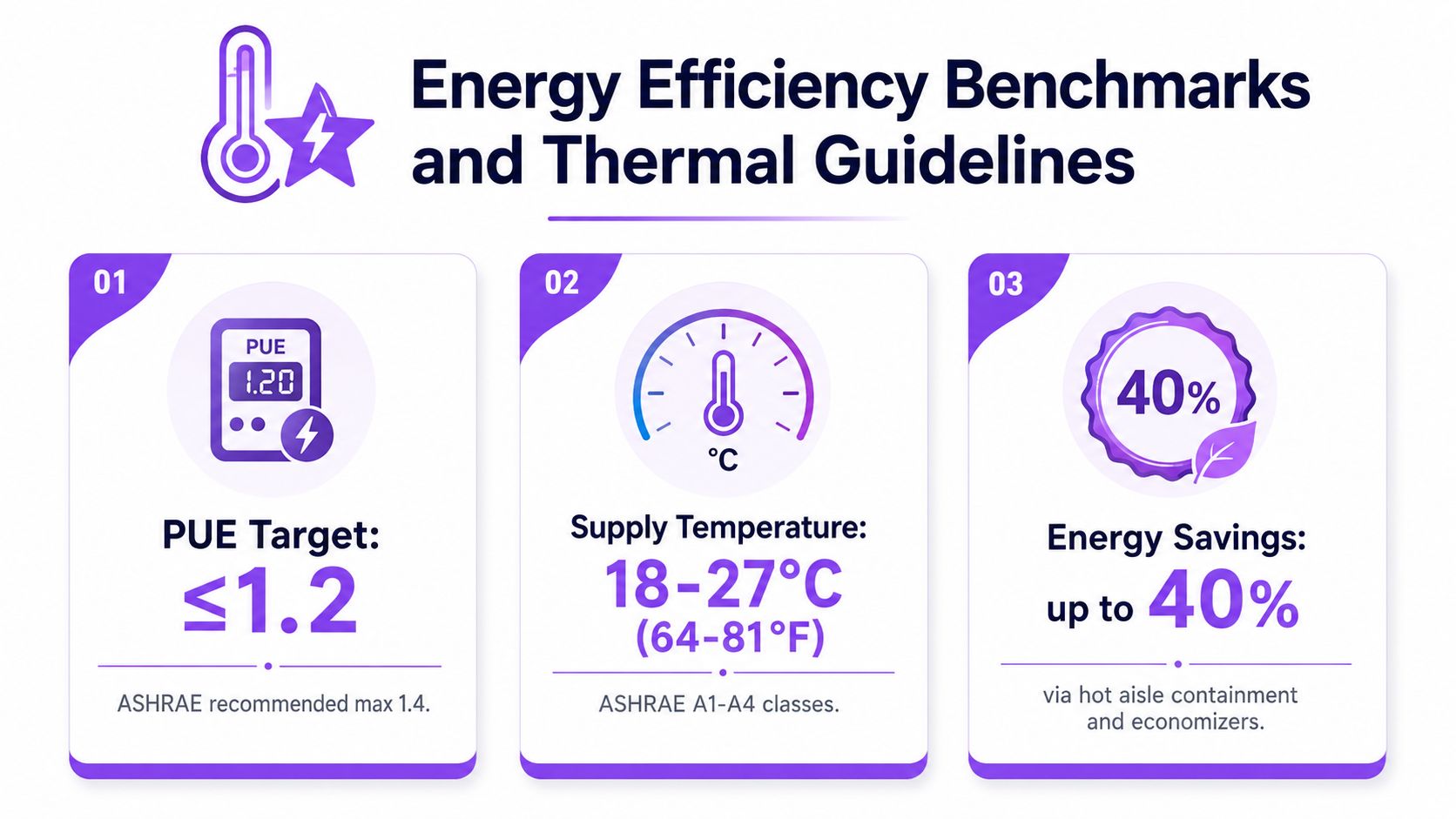 An infographic showing energy efficiency benchmarks and thermal guidelines for data center facilities including PUE, temperature, and savings.