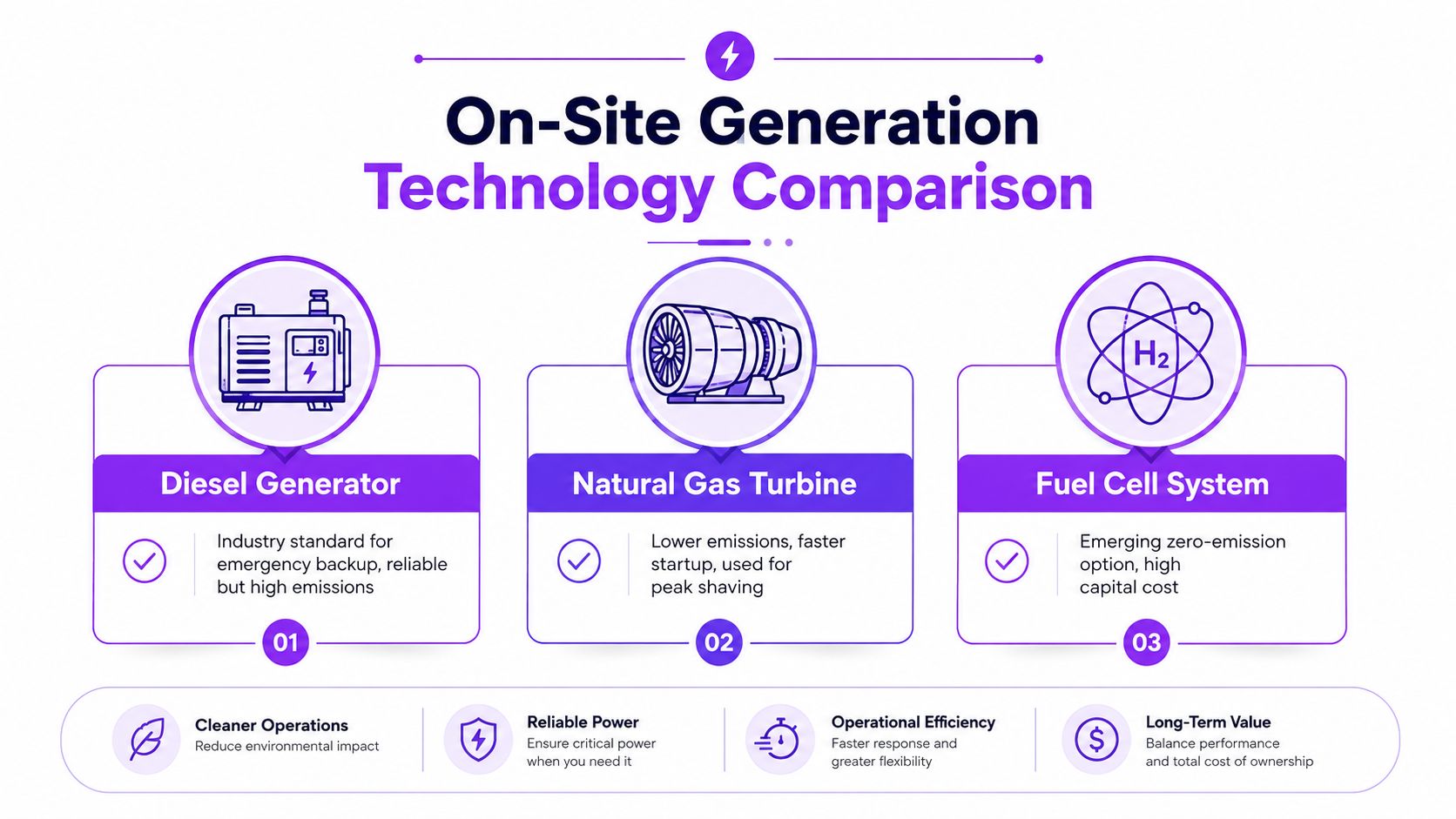 A technology comparison infographic showing diesel generators, natural gas turbines, and fuel cell systems for power generation.