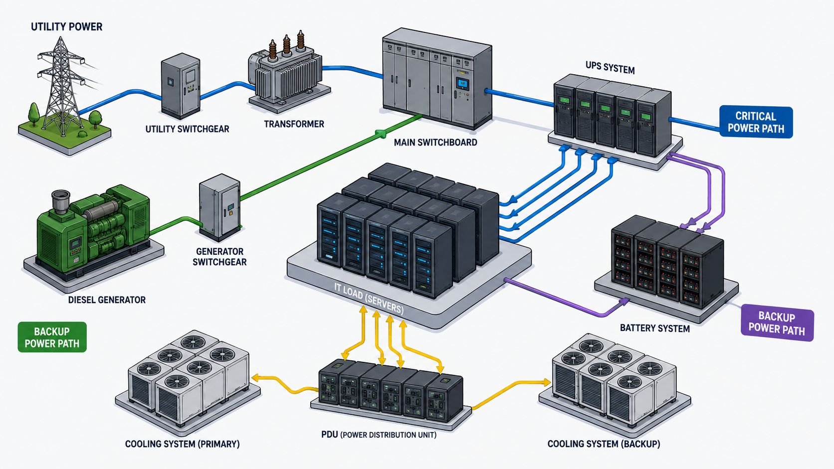 A detailed technical diagram showing the power distribution system for a modern data center with backup generation.