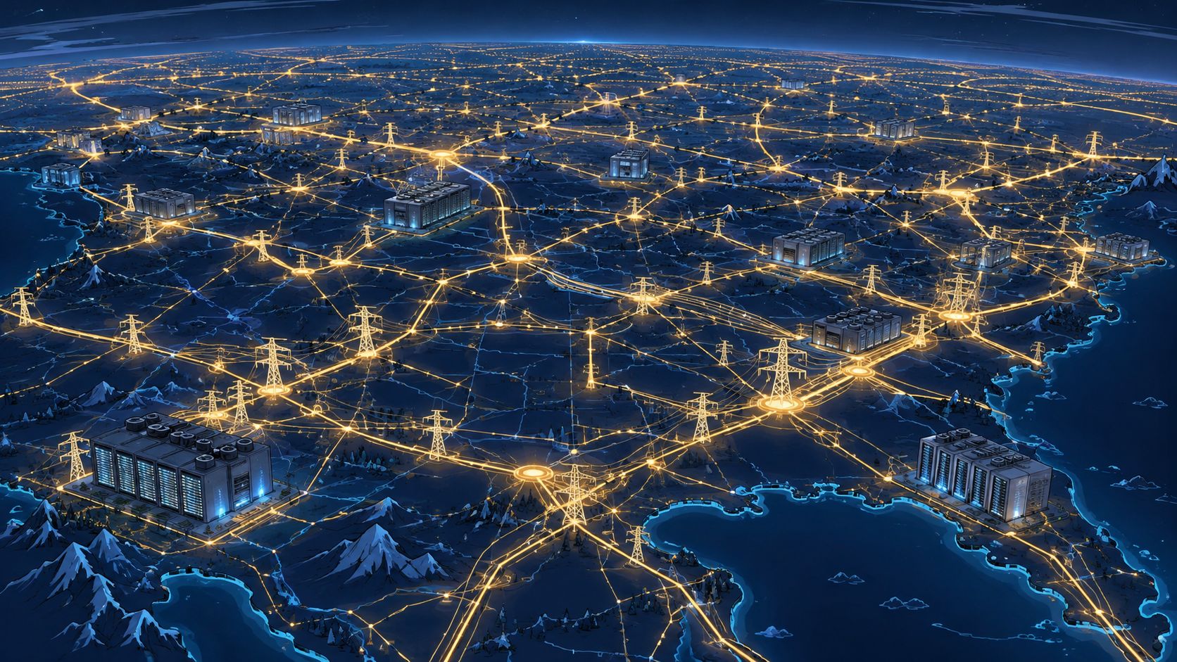 A digital illustration showing a sprawling energy grid with interconnected power lines and large data centers.