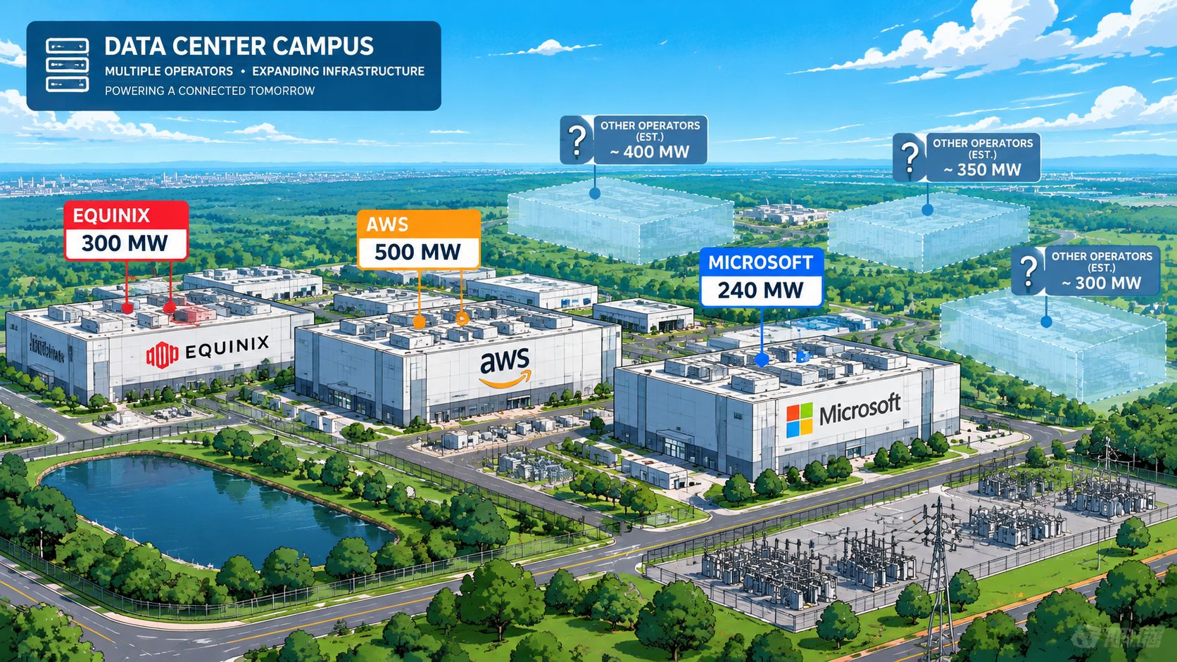 A digital illustration showing a data center campus with buildings labeled by major cloud service providers and power.