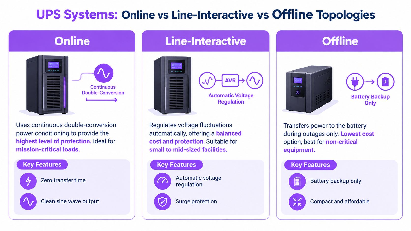 A comparison chart showing the differences between online, line-interactive, and offline UPS power system topologies.