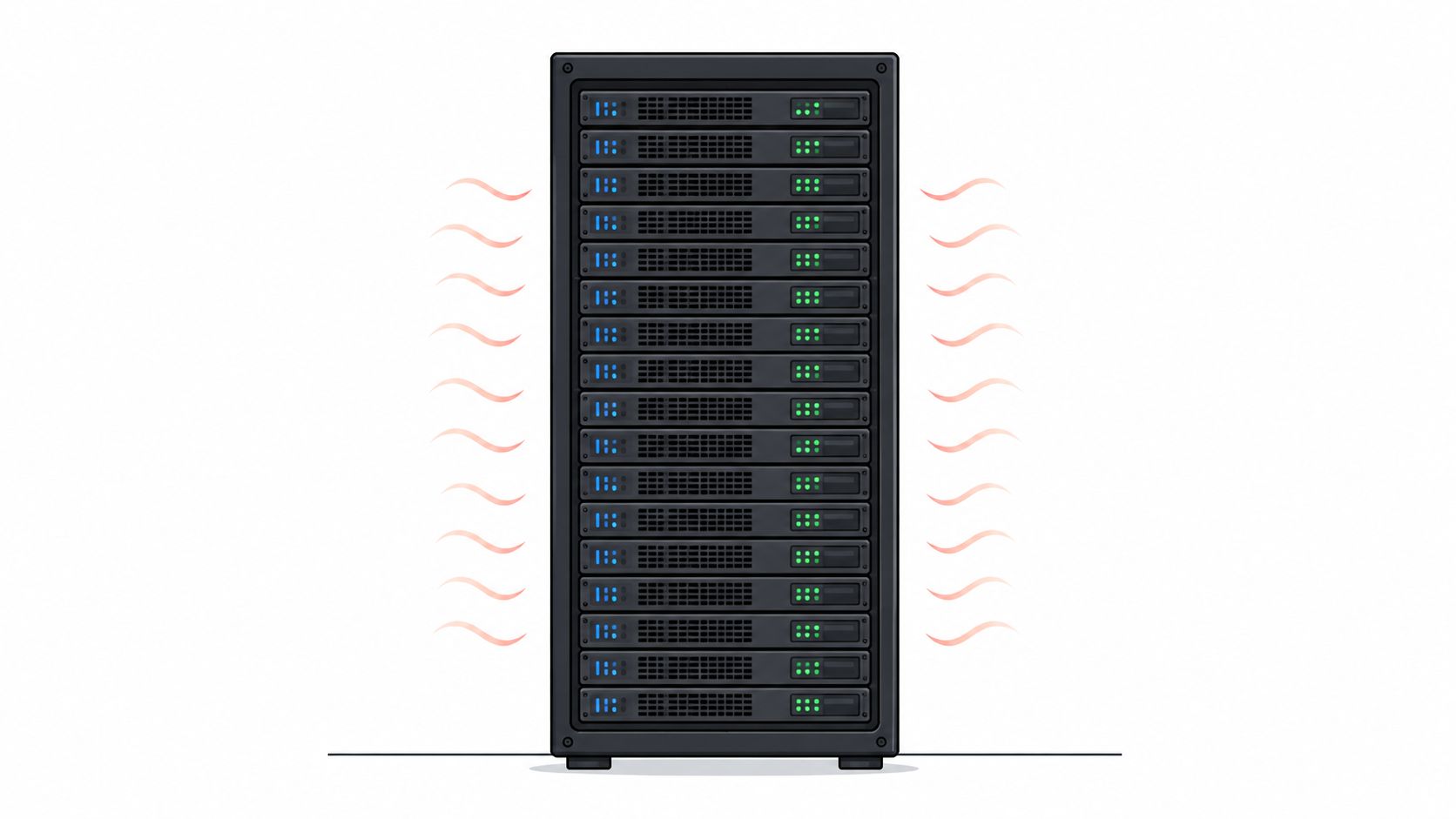 A server rack tower emitting heat waves to represent intense processing power and cooling requirements in IT.