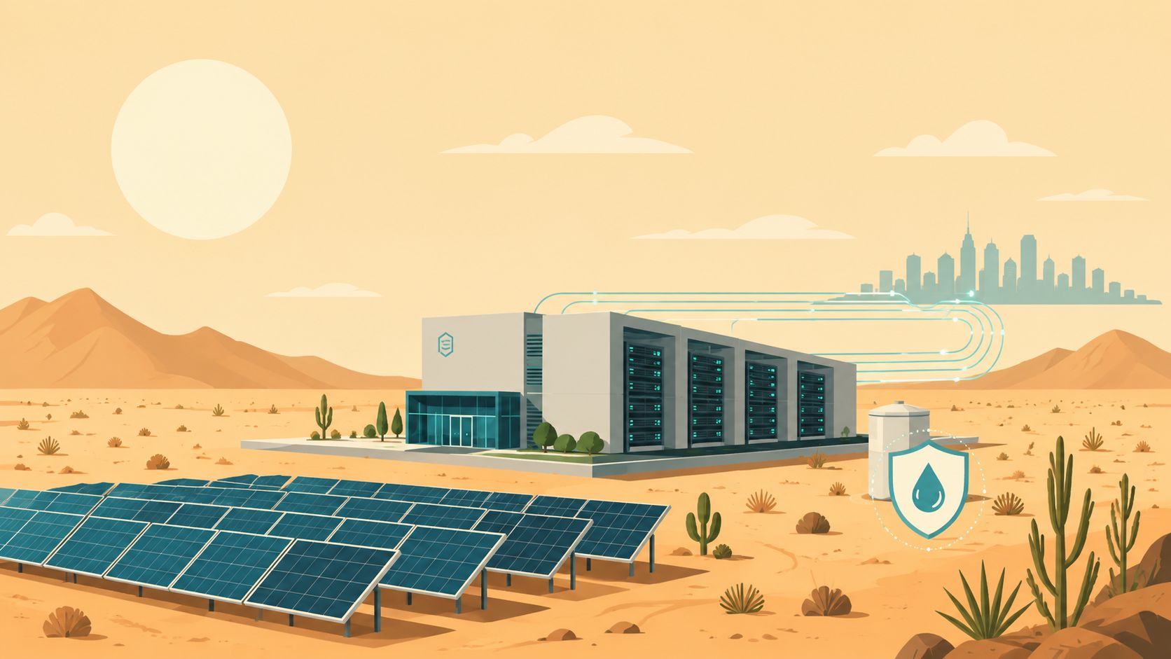 A modern data center facility in a desert landscape with solar panels and a water conservation symbol.