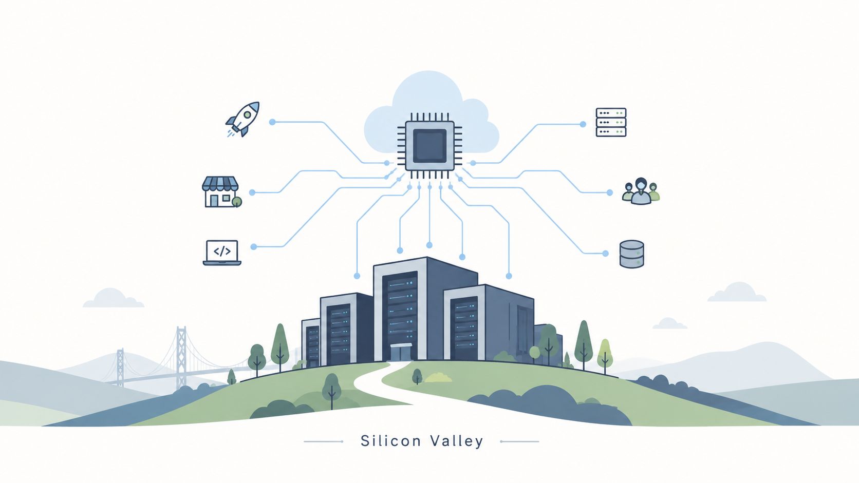 A digital illustration representing a Silicon Valley data center connected to various cloud technology and internet services.
