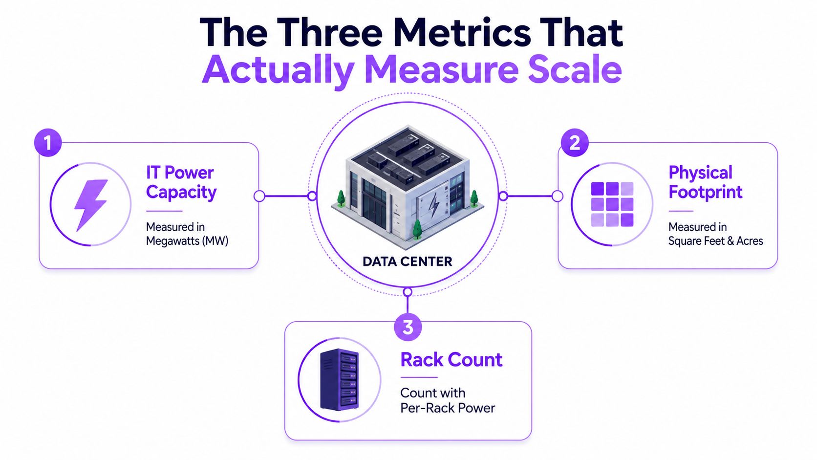A diagram illustrating the three key metrics used to measure data center scale: power, footprint, and racks.