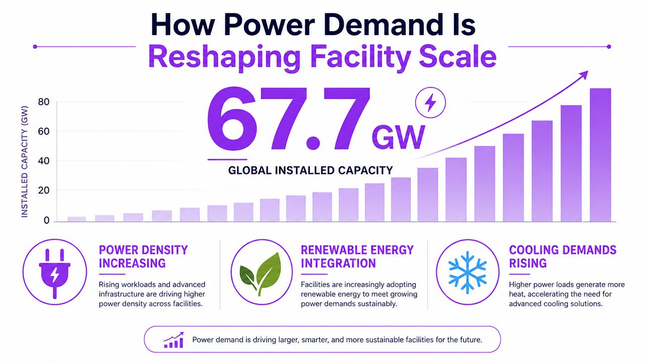 A chart illustrating the global growth of installed power capacity in data centers to 67.7 GW.