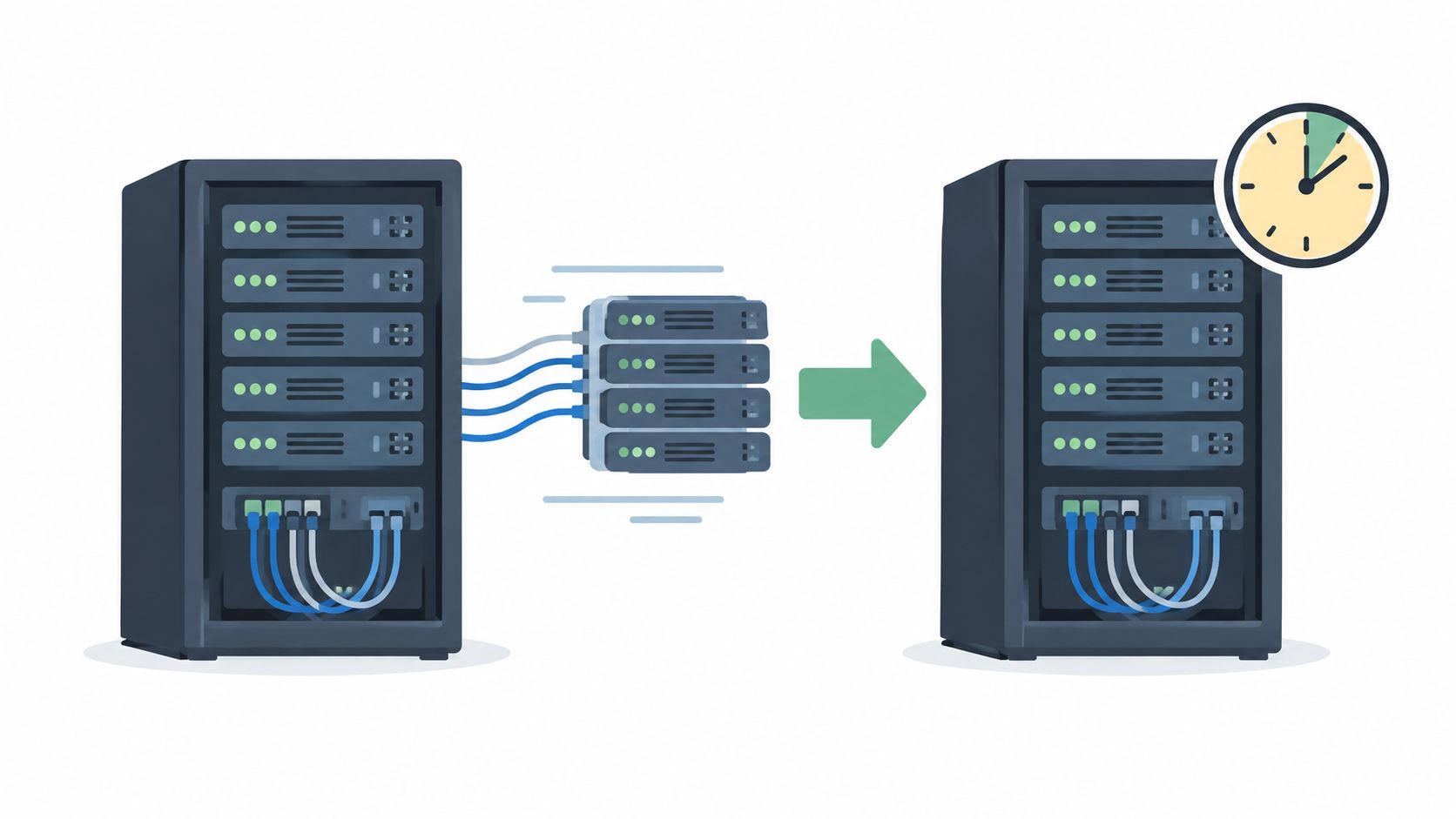A digital illustration showing the migration of server units from one data center rack to another.