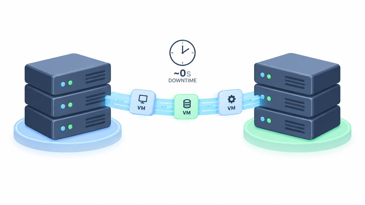 An illustration showing virtual machines migrating between two server racks with zero downtime for high availability.