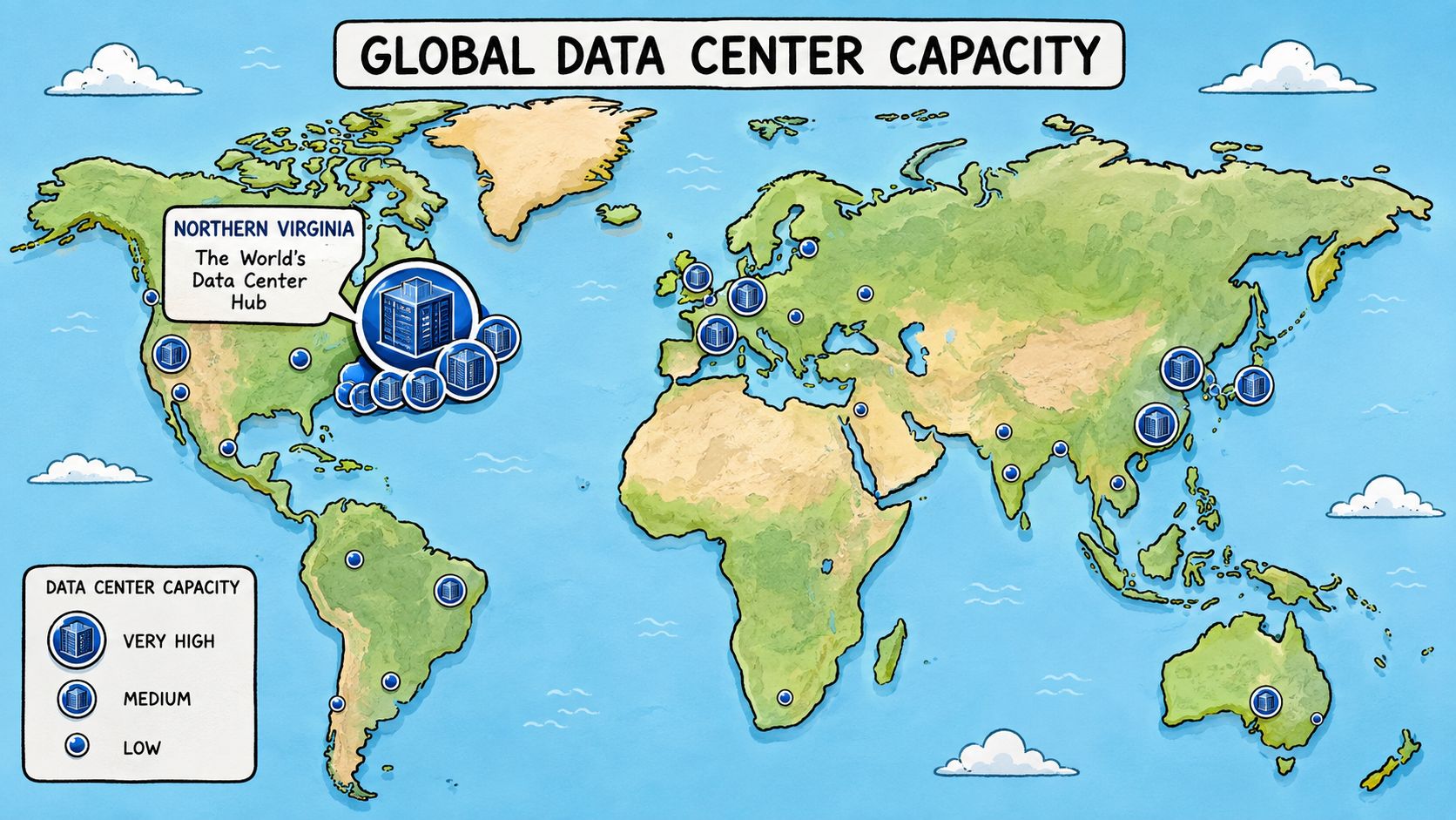 A global map illustration showing the distribution and relative capacity of data centers around the world.