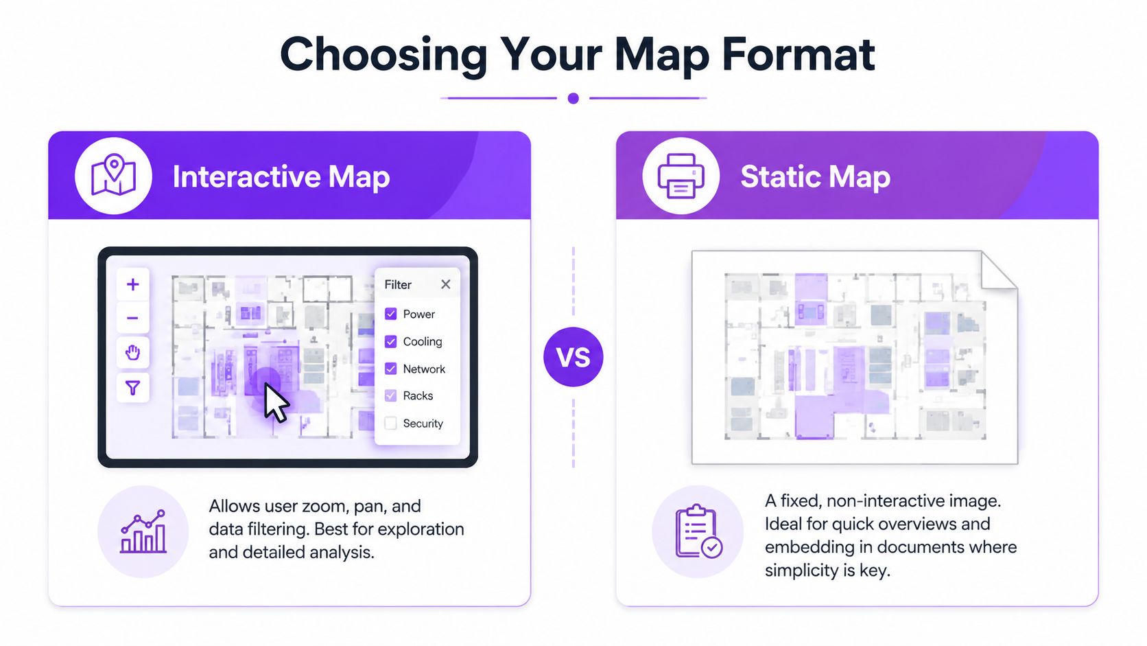 A comparison chart showing the differences between interactive maps and static maps for data center visualization.