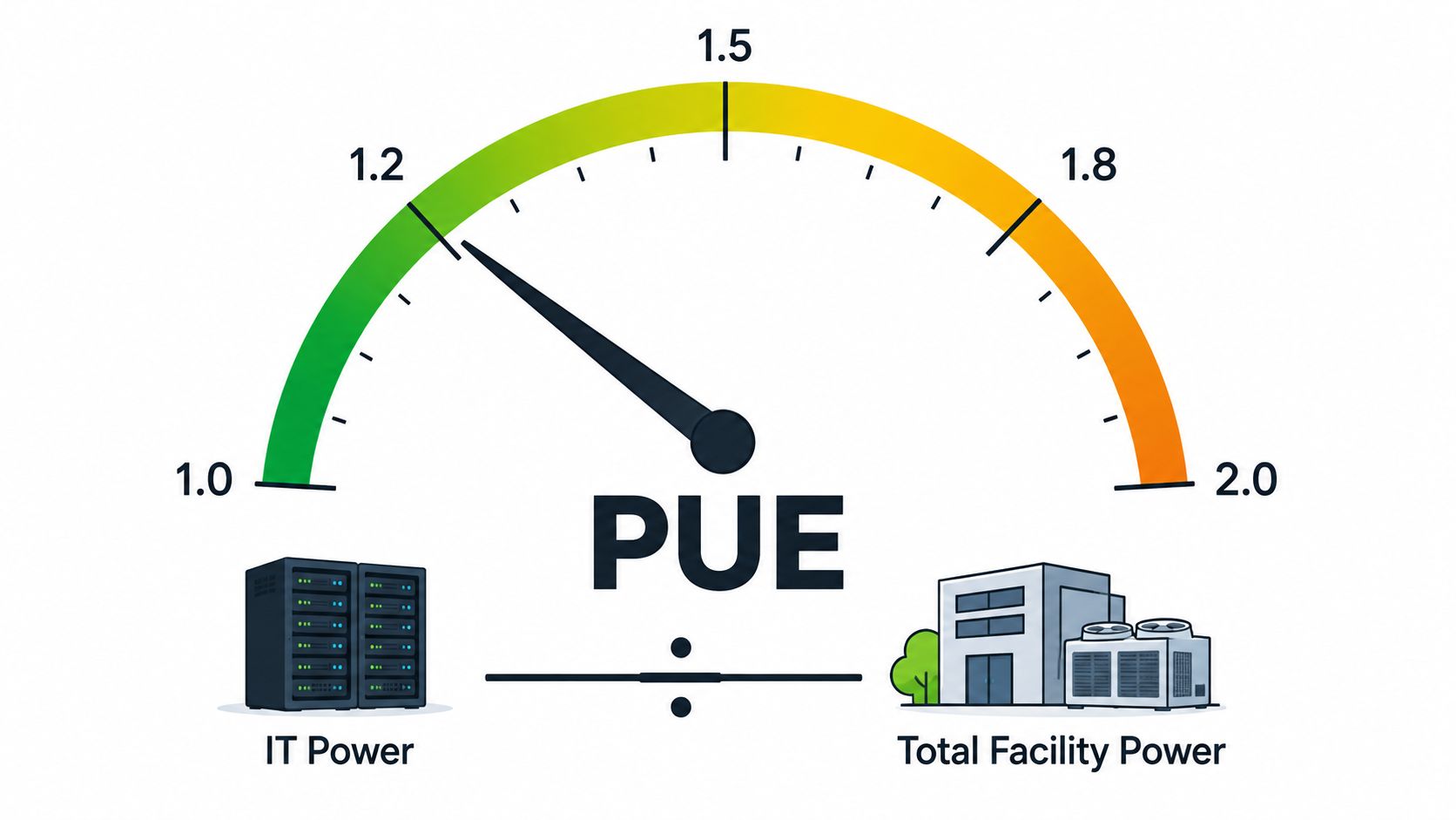 A gauge measuring Power Usage Effectiveness (PUE) for a data center, indicating efficient energy consumption levels.
