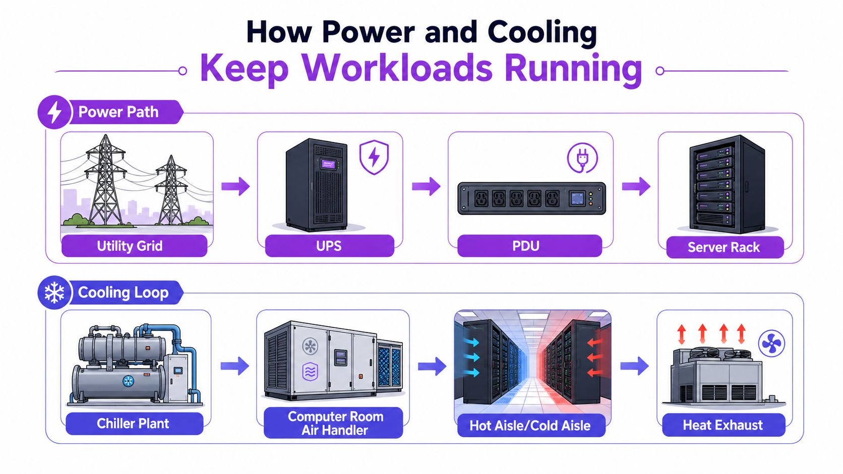 A diagram illustrating the power supply path and cooling loop system used to keep data centers running.