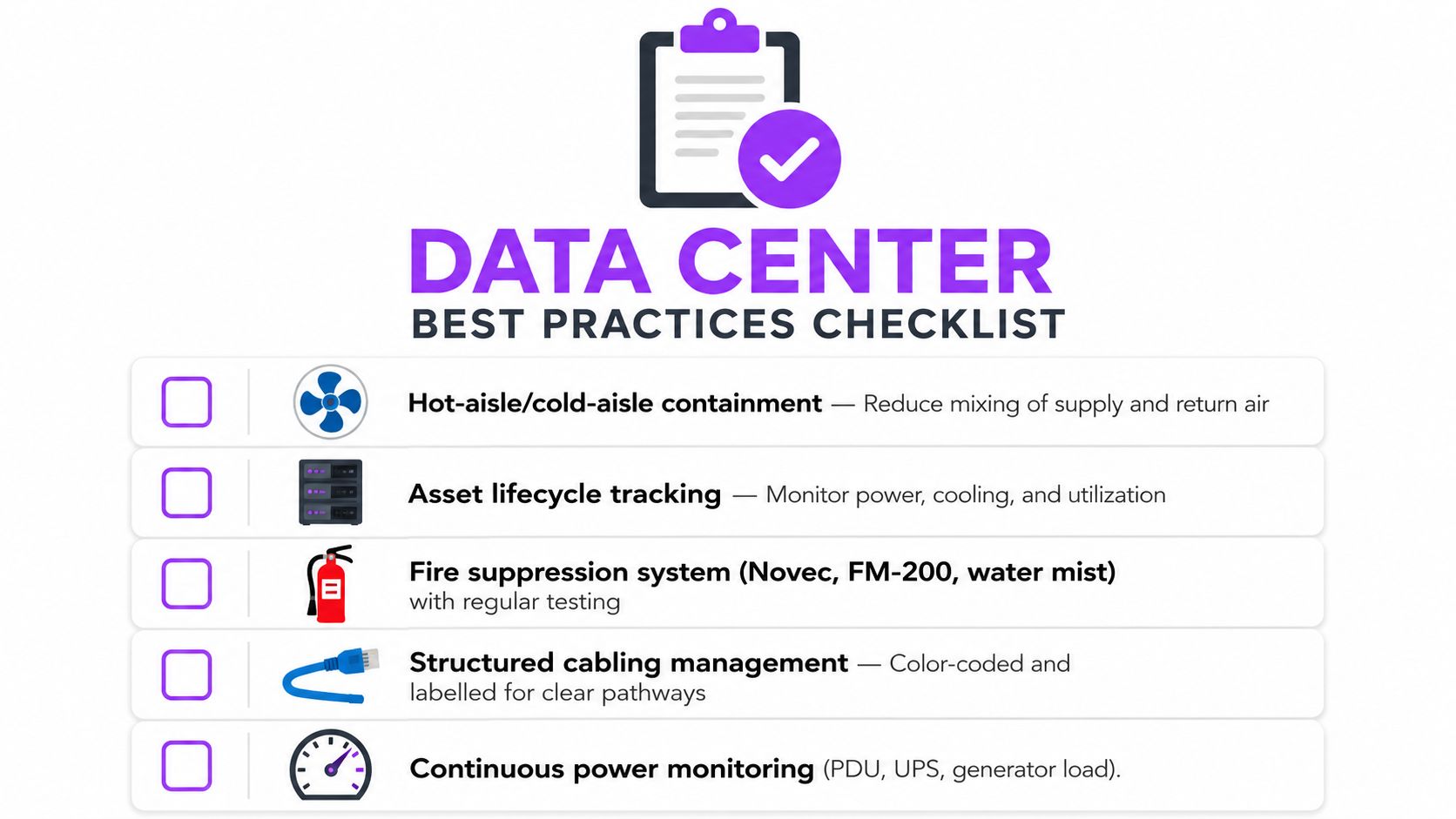 A checklist of best practices for data center management, including cooling, asset tracking, and power monitoring.