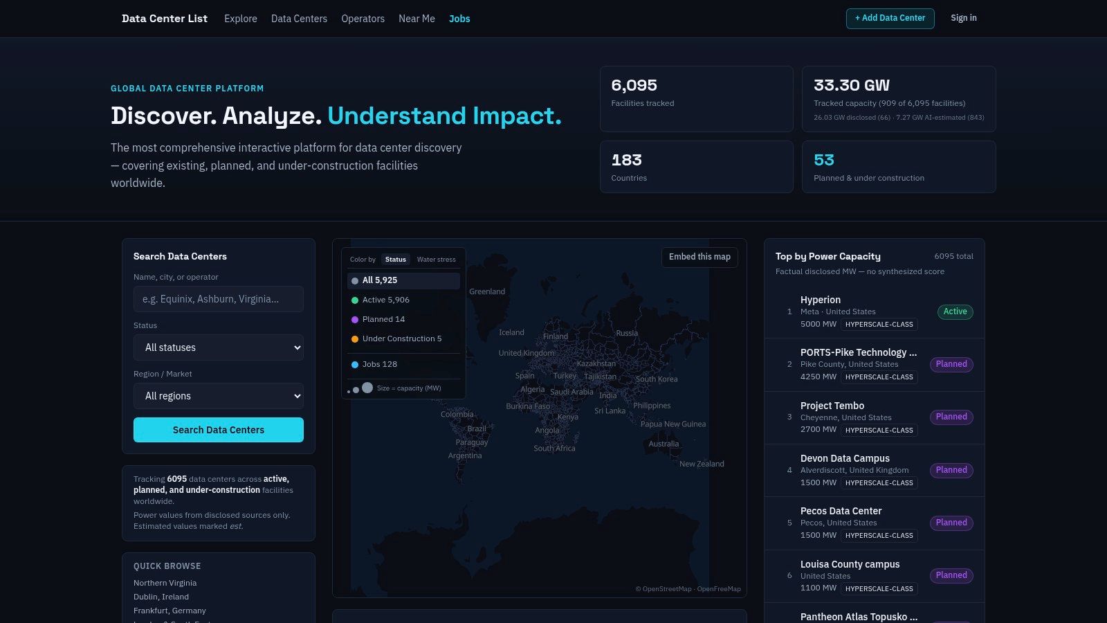 Screenshot from https://www.datacenterslist.com