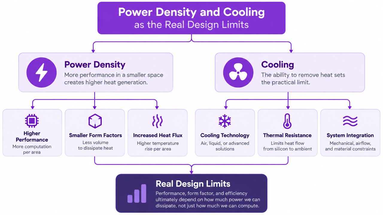 A flowchart explaining how power density and cooling capabilities dictate the practical design limits of modern computing systems.