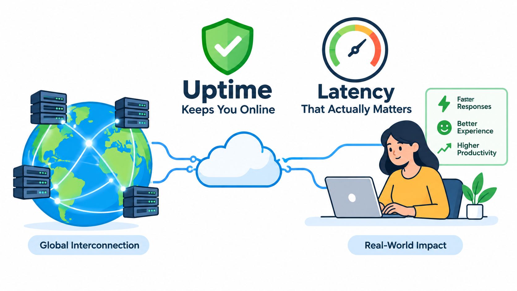 A digital illustration showing global servers connecting through a cloud network to improve uptime and reduce latency.