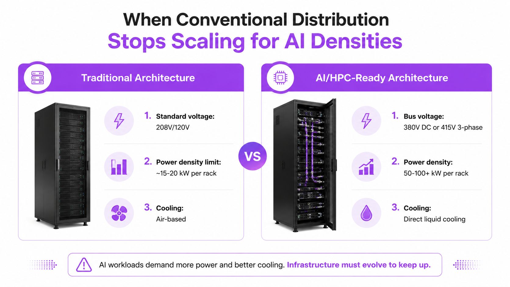 A comparison chart showing the differences between traditional air-cooled server racks and high-density, liquid-cooled AI server racks.