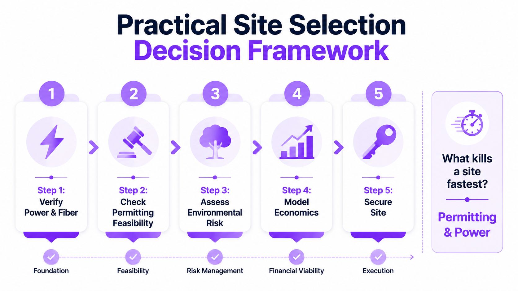 A five-step framework illustrating the process for selecting a practical site for data center development.