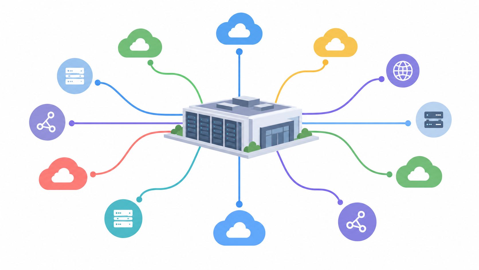 A digital illustration showing a central data center building connected to various cloud and network icons.