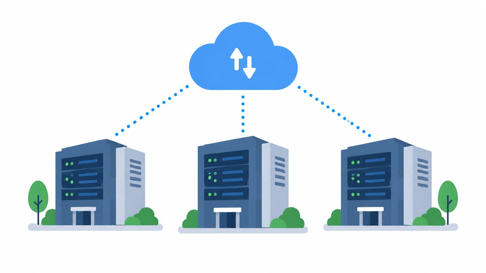 A digital illustration showing a blue cloud connected to three different data center facility buildings.