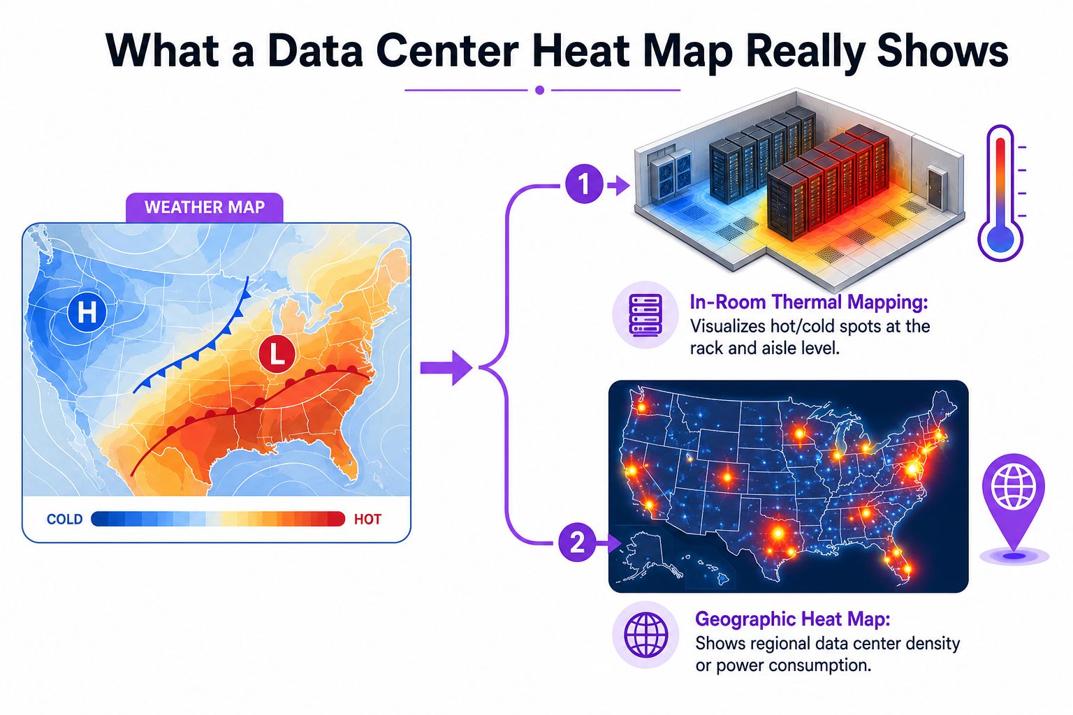 An infographic showing how data center heat maps represent thermal room conditions and geographic power consumption density.