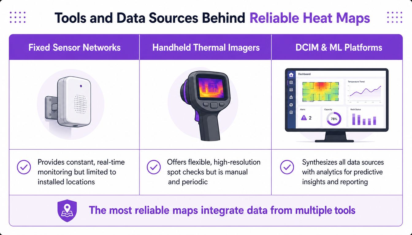 An infographic illustrating three tools used for generating reliable heat maps: fixed sensor networks, handheld thermal imagers, and DCIM platforms.
