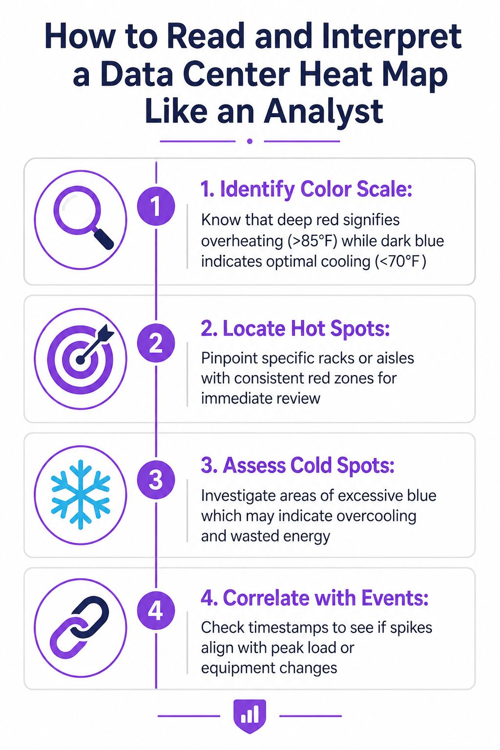 An infographic showing four steps to read and interpret data center heat map analytics for cooling efficiency.