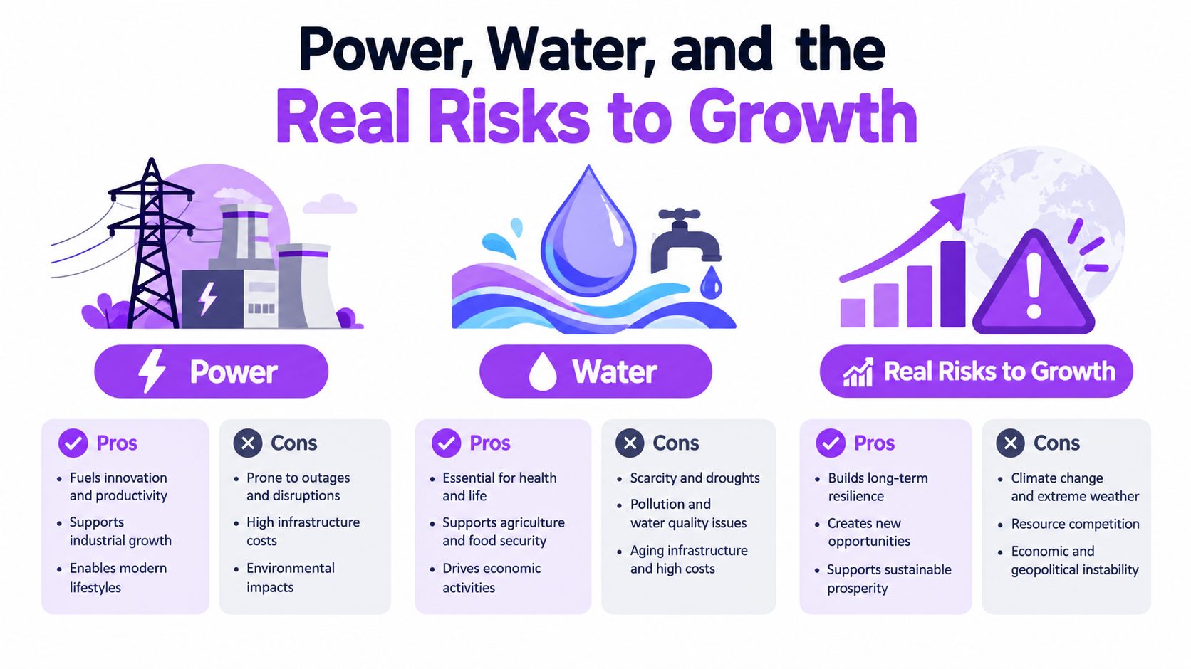 An infographic analyzing the pros and cons of power, water, and their associated risks to global growth.