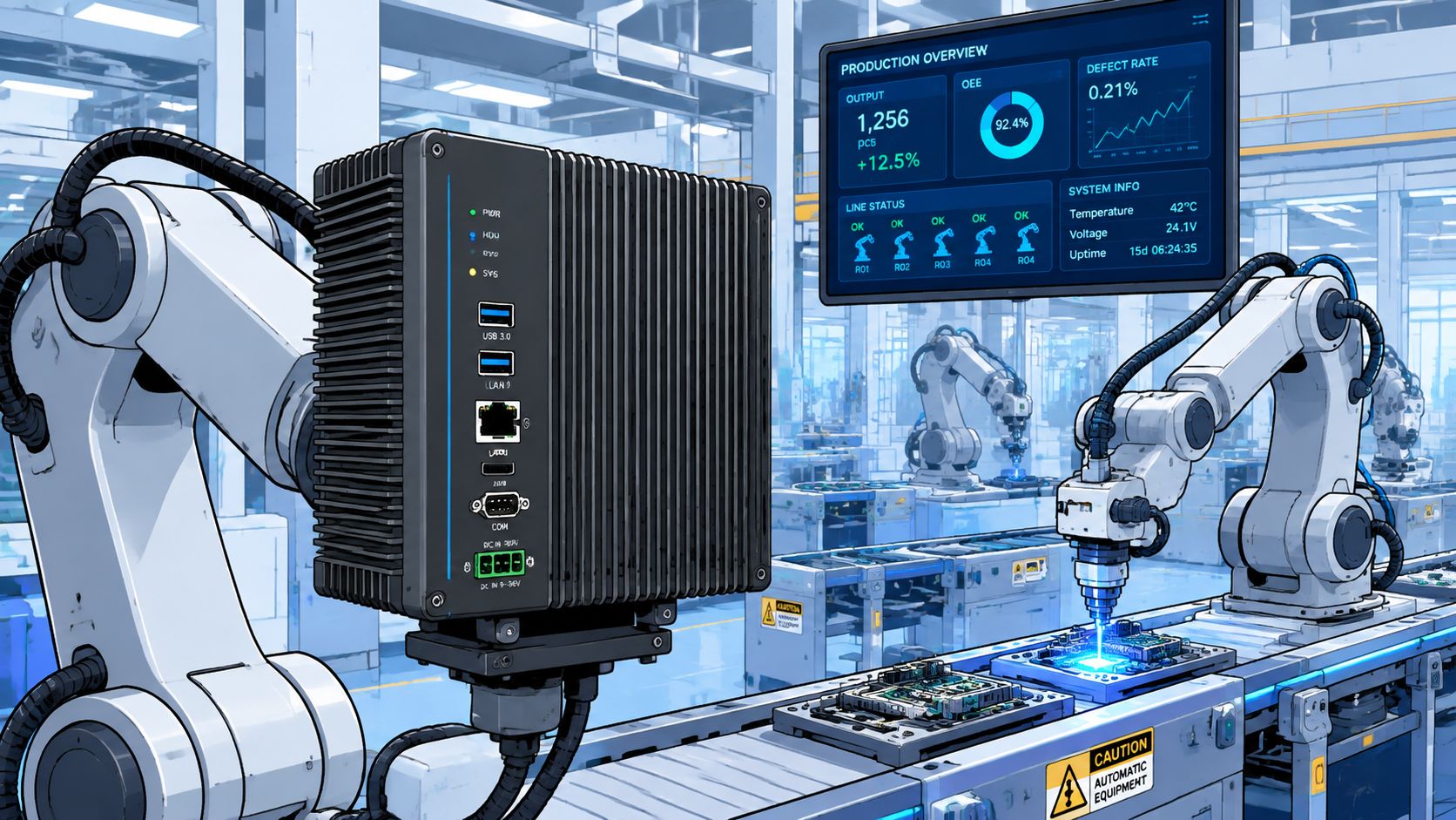 An industrial robotic arm working on a circuit board next to an advanced industrial computer system.