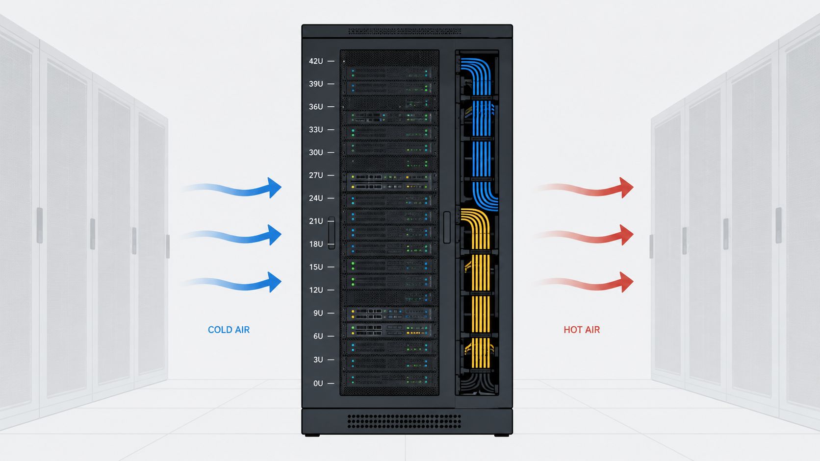 A server rack in a data center showing airflow cooling from cold to hot side.