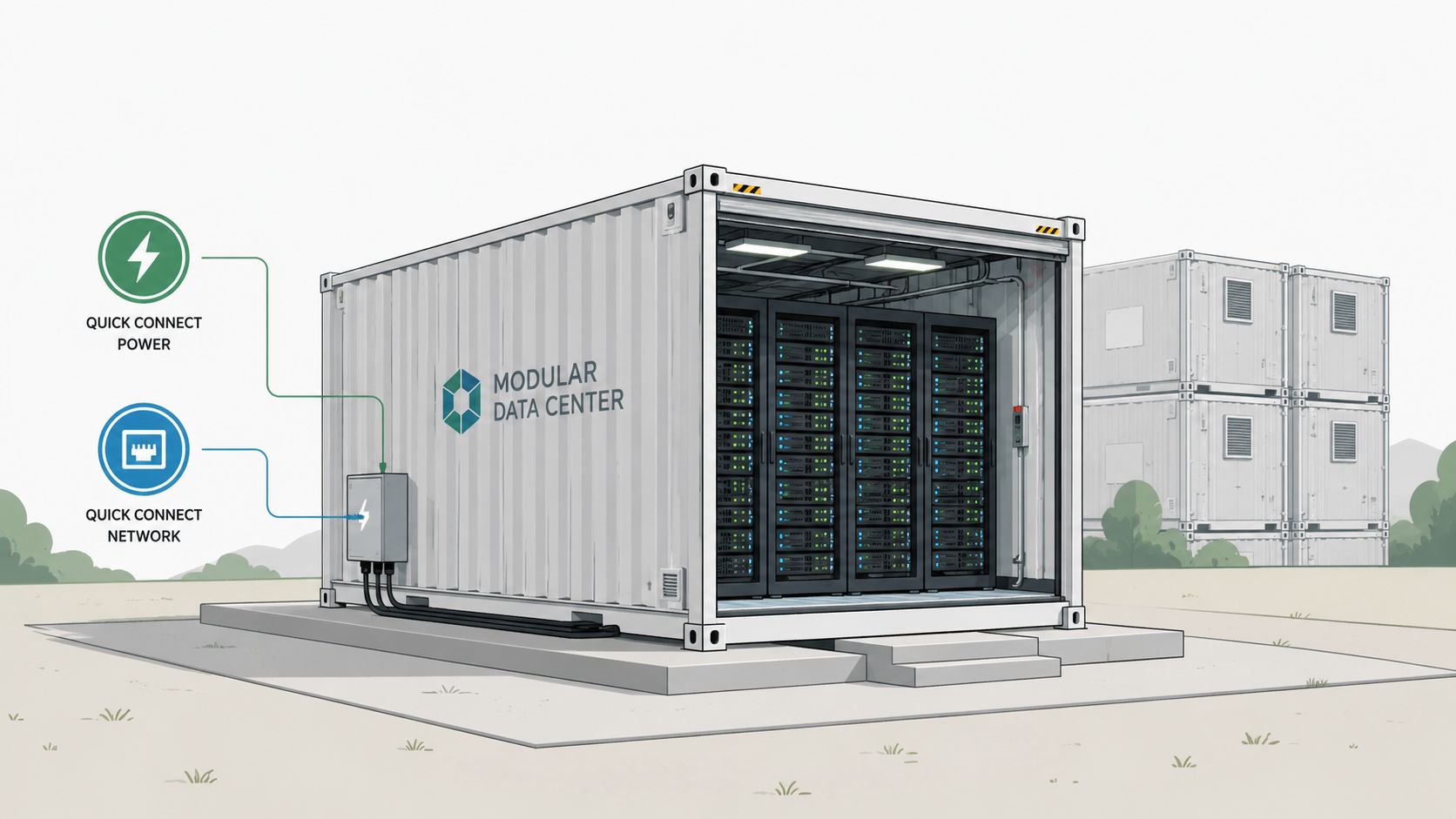A modular data center unit in a shipping container with connected power and network interface panels.