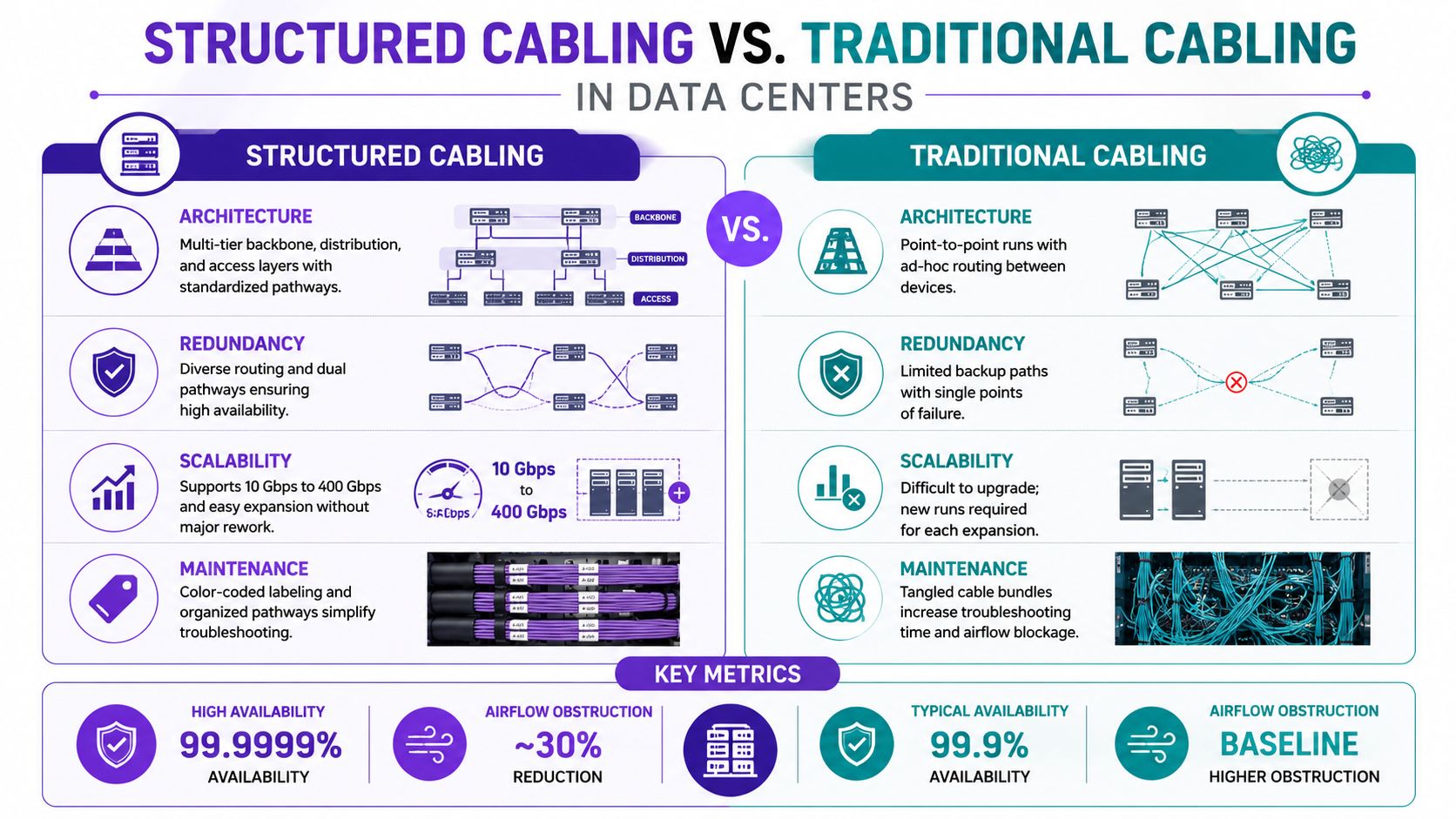 A comparison infographic between structured cabling and traditional cabling in data center infrastructure environments and metrics.