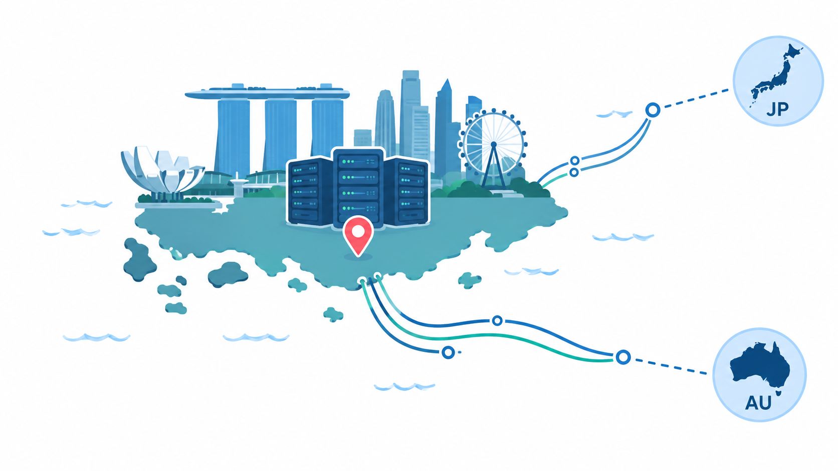 A digital illustration showing a data center in Singapore connected to Japan and Australia via underwater network cables.