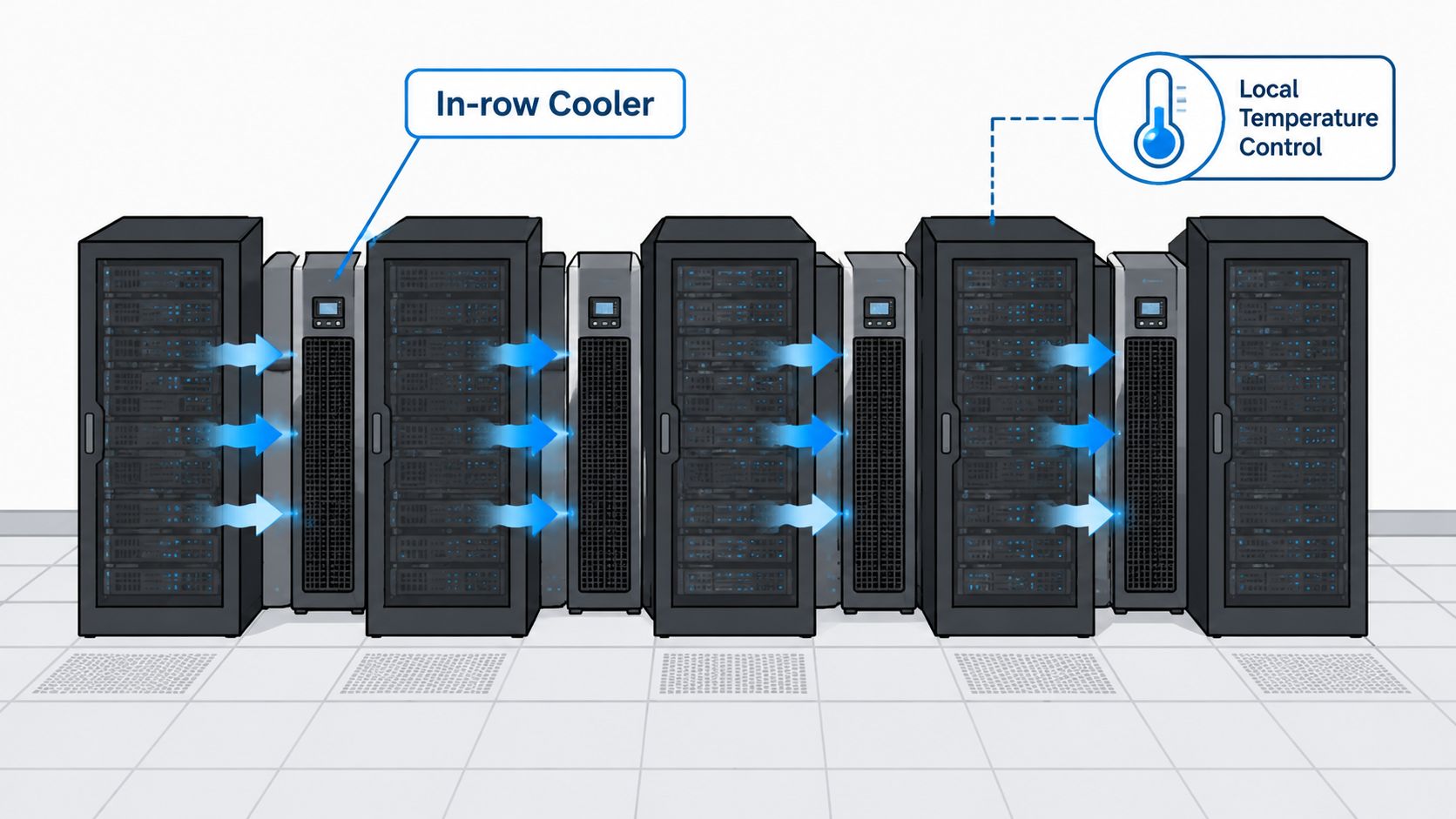 A data center rack row showing integrated in-row cooling units providing targeted temperature control for server cabinets.