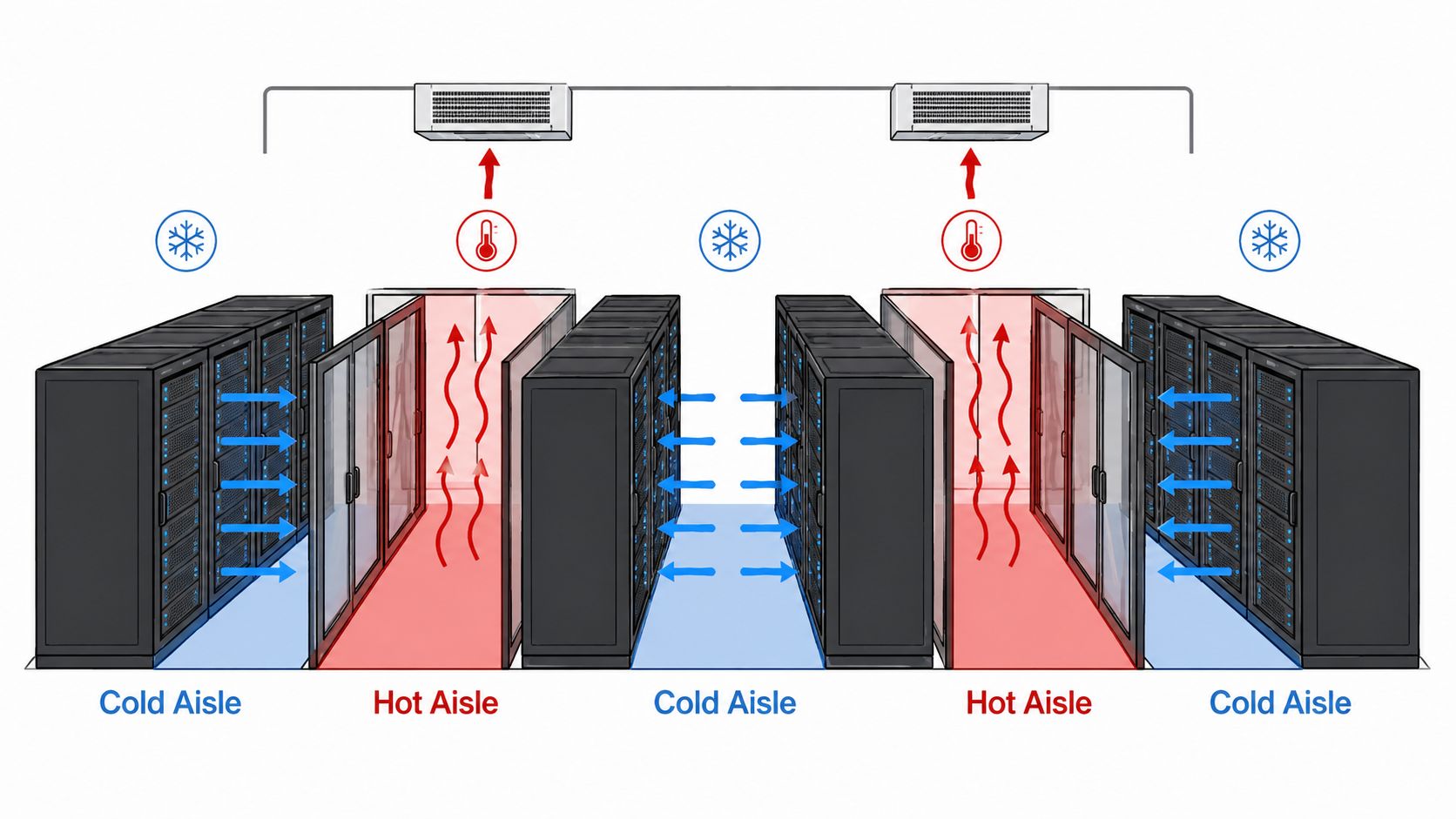 A data center layout diagram showing alternating hot and cold aisles with server racks and cooling units.