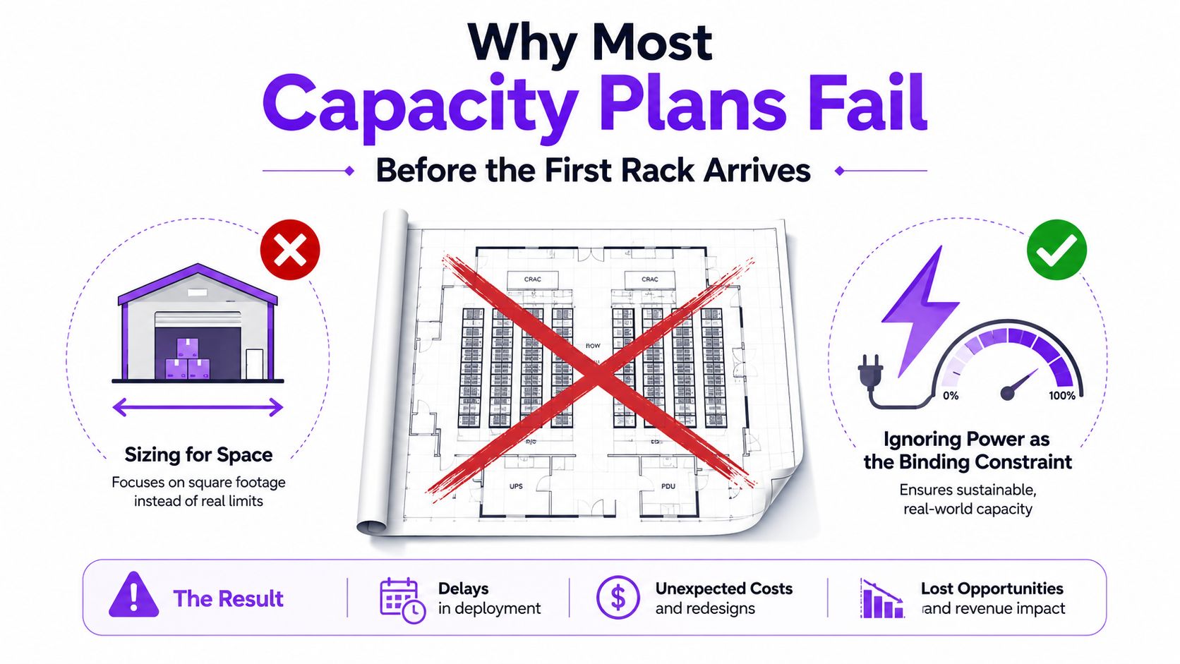 An infographic illustrating why data center capacity plans fail by ignoring power constraints instead of just floor space.