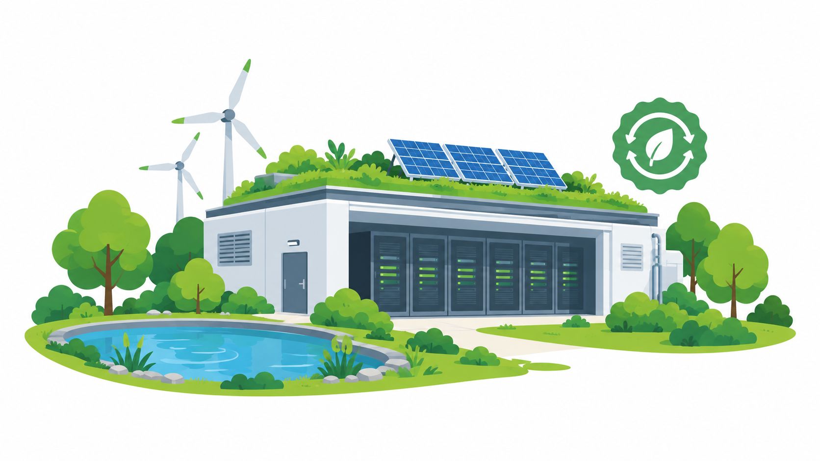 A sustainable data center facility featuring solar panels, wind turbines, a green roof, and a serene pond.