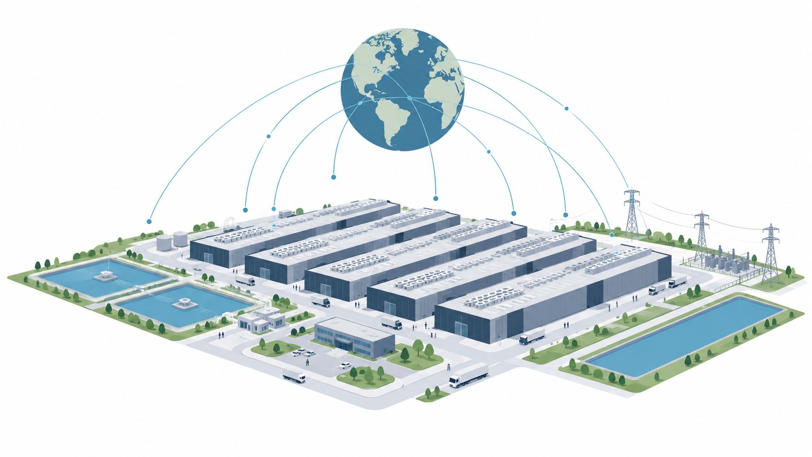 An aerial illustration of a massive data center complex connected to a global network via digital lines.