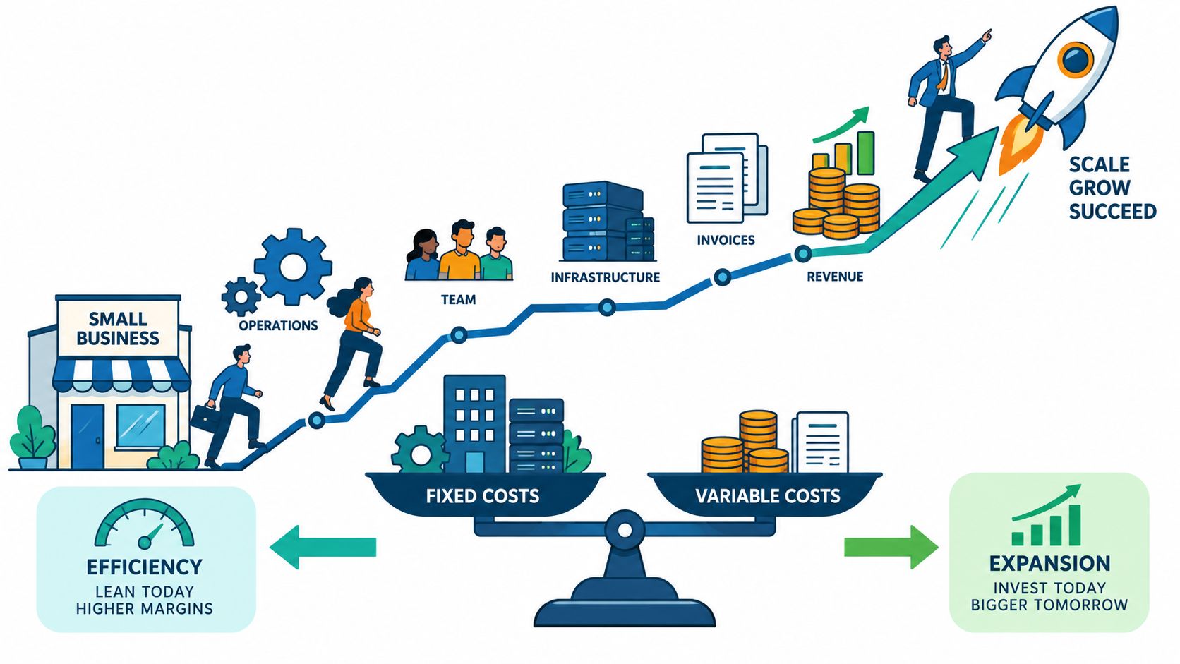 An infographic showing the growth journey of a small business moving towards scale through managing costs.