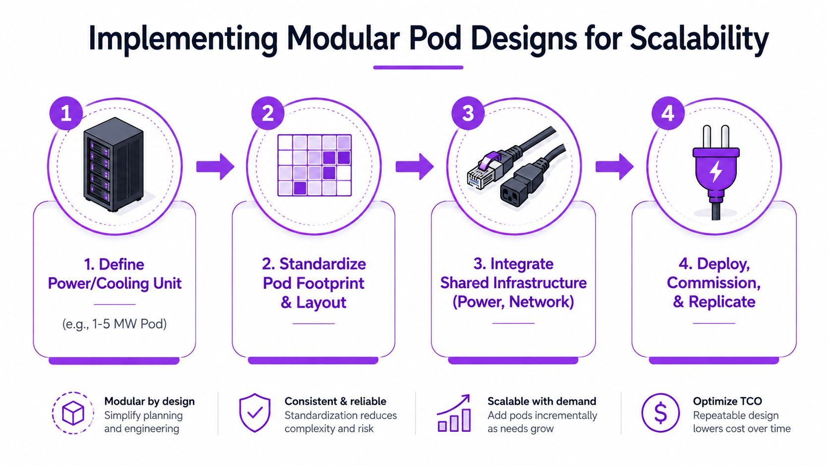 A four-step infographic illustrating the process of implementing modular pod designs for data center scalability.