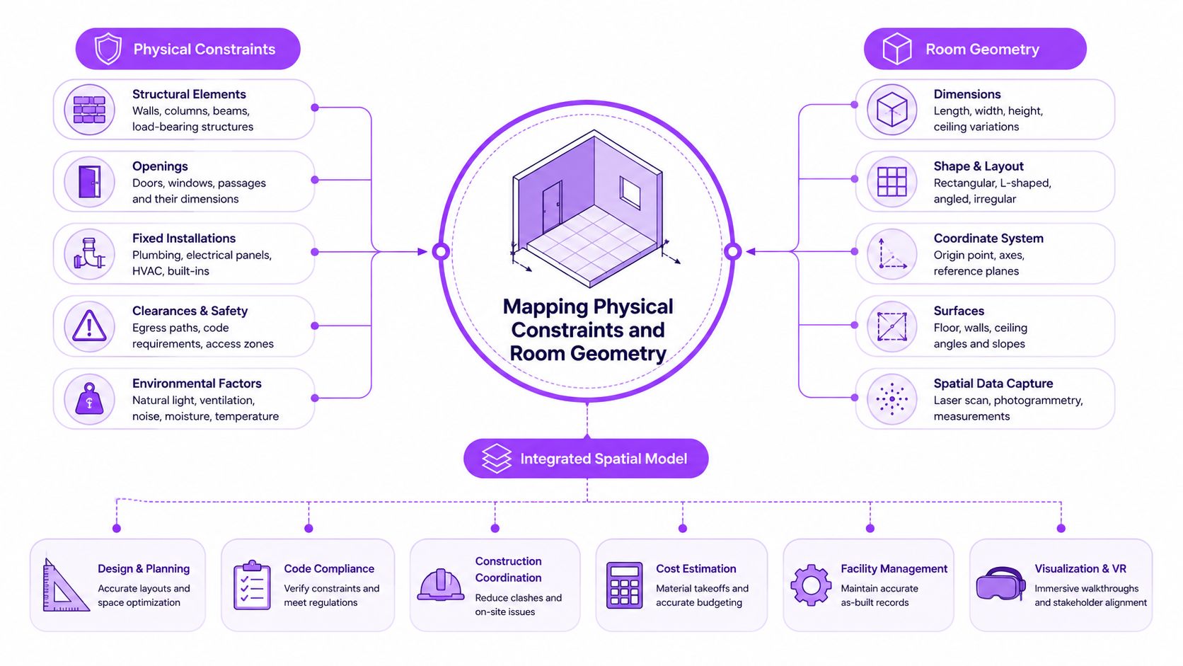A diagram illustrating the process of mapping physical constraints and room geometry for integrated spatial modeling.