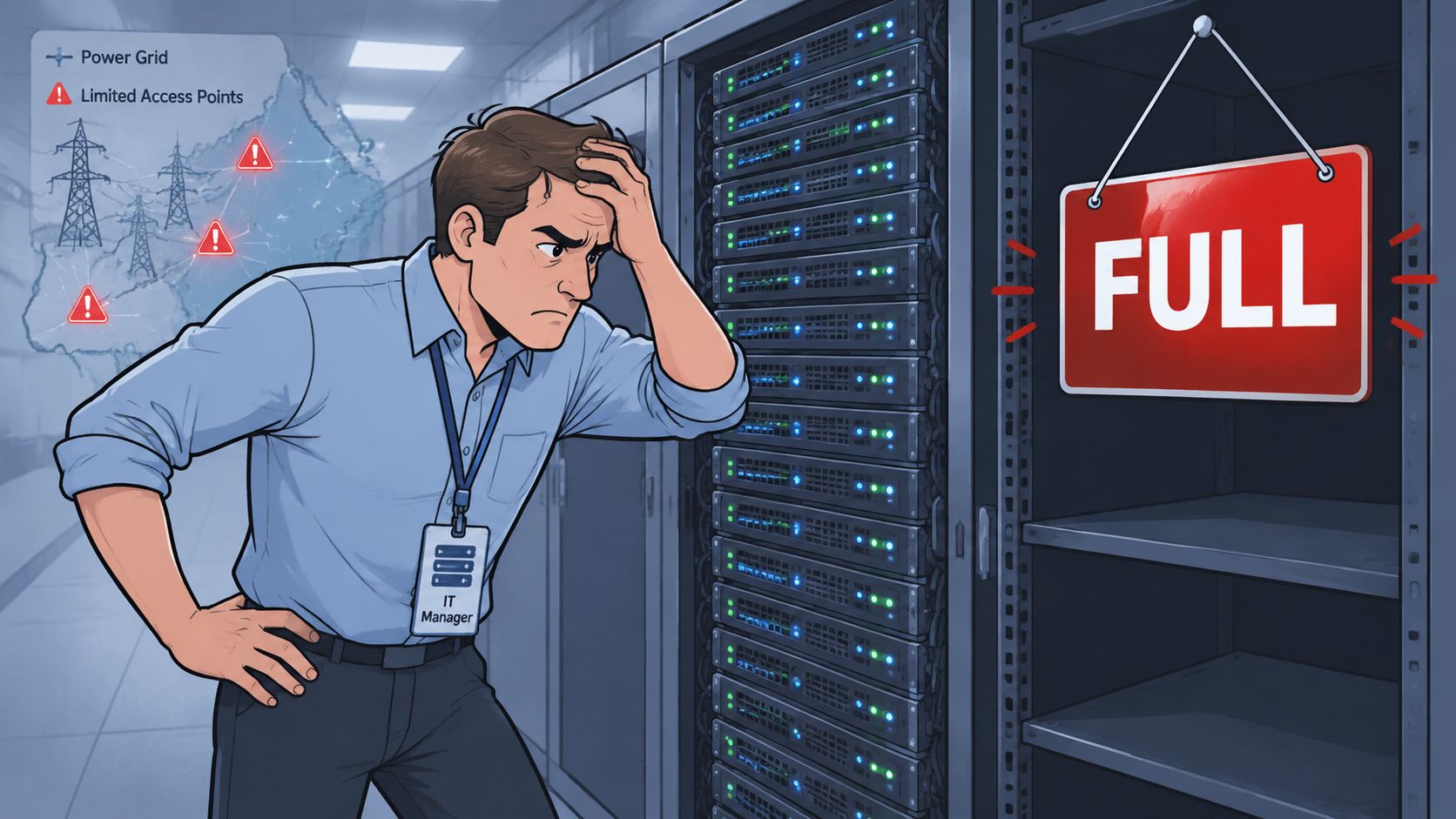 Stressed IT manager looking at an overloaded server rack with a full sign in a data center.