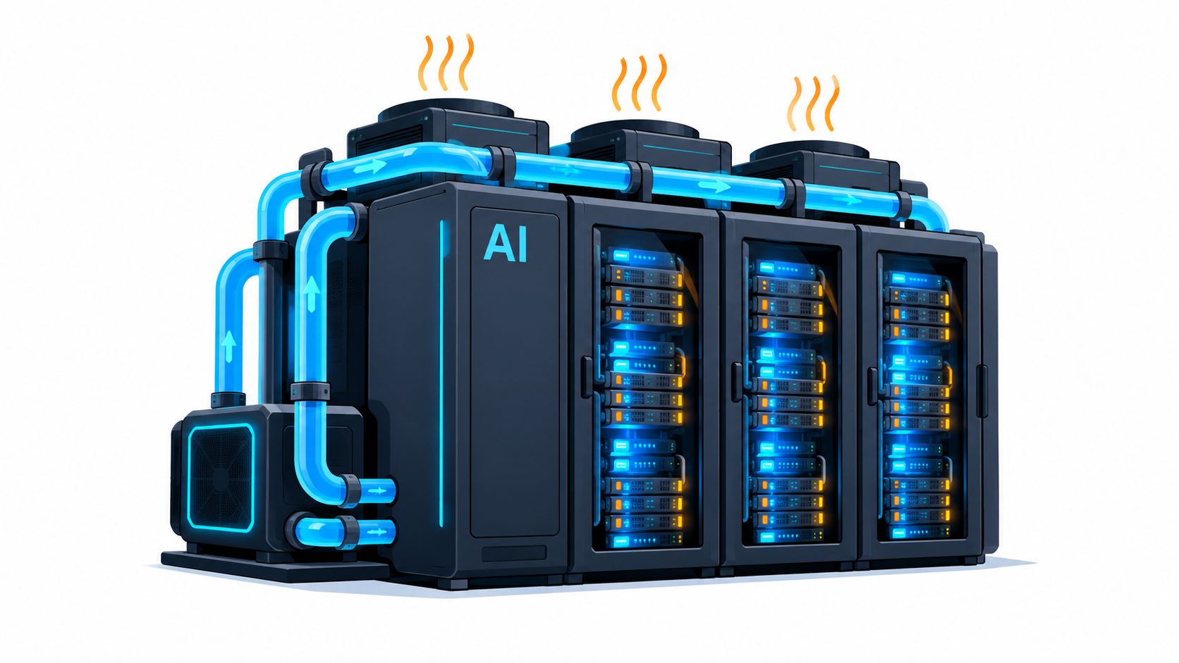A conceptual illustration of high-performance AI servers cooled by external blue liquid cooling systems.