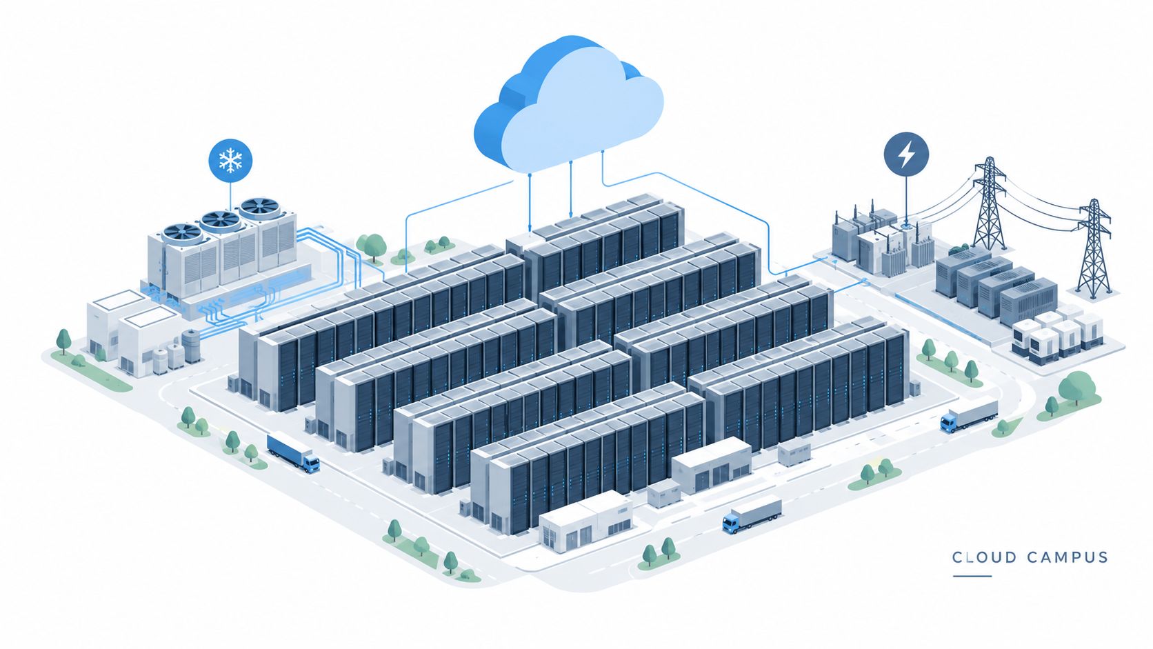 An isometric view of a large data center campus with cooling systems, electrical infrastructure, and cloud connectivity.