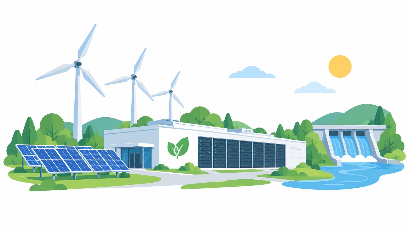 A sustainable data center powered by renewable energy sources including wind turbines, solar panels, and hydroelectric power.