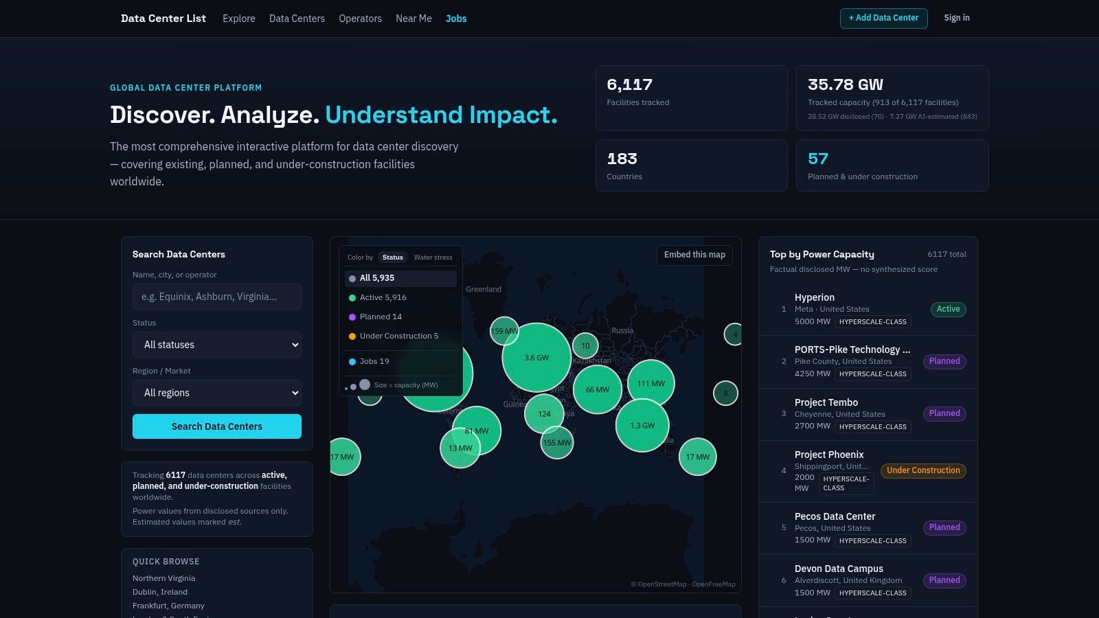 Screenshot from https://www.datacenterslist.com