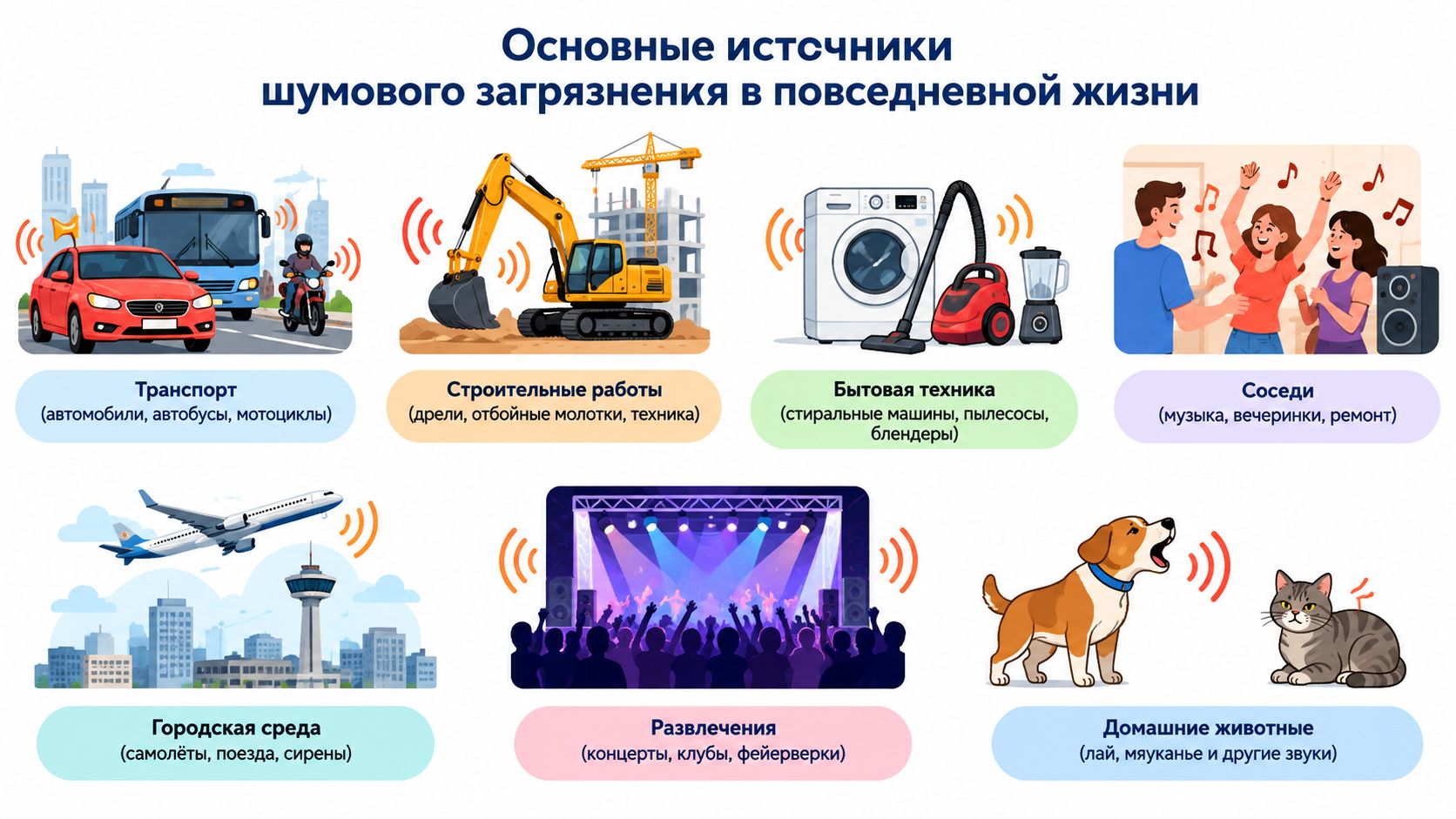 An infographic showing common sources of noise pollution in daily life, including traffic, construction, home appliances, and pets.